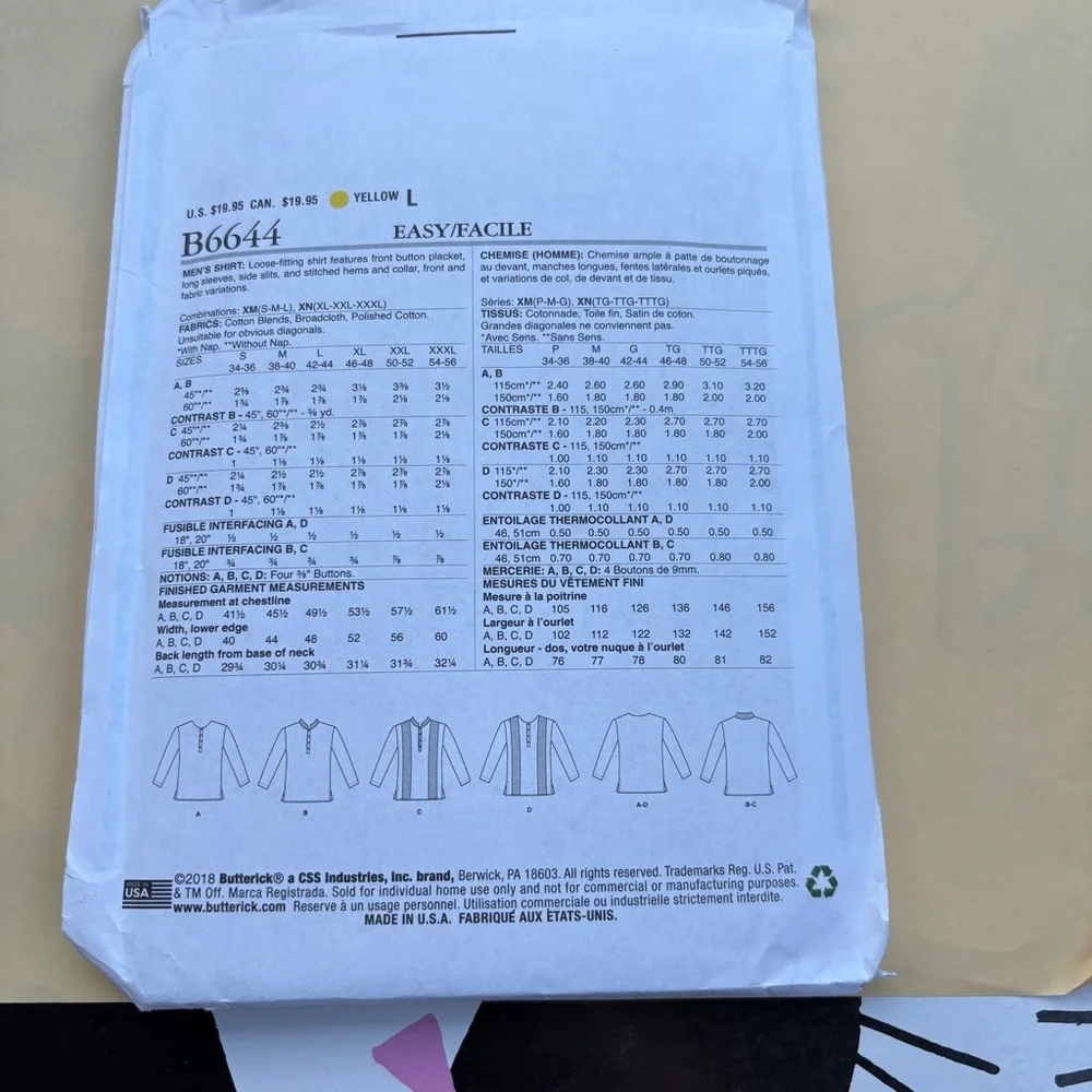 Butterick Pattern B6644 XN for Men’s Loose Fitting Shirt